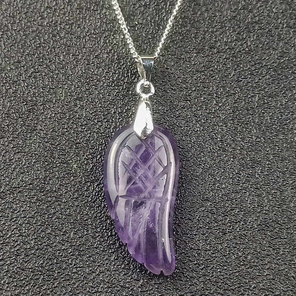 Color: Purple - Natural Amethyst Necklace Carved Angel Wing Pendant