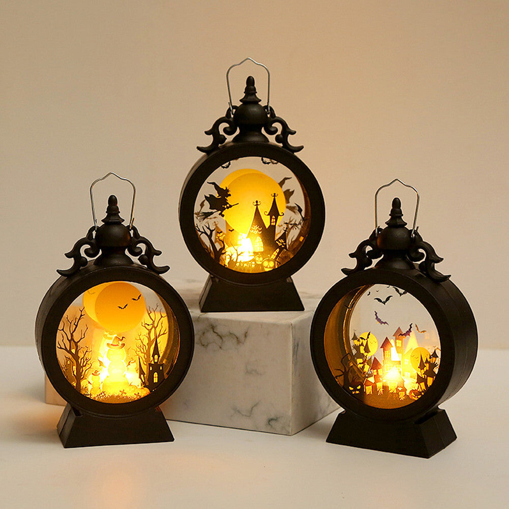 Halloween Witch Pumpkin Lantern Retro Round LED Lantern Portable Electronic Candle Night Light For Party Decorations witch